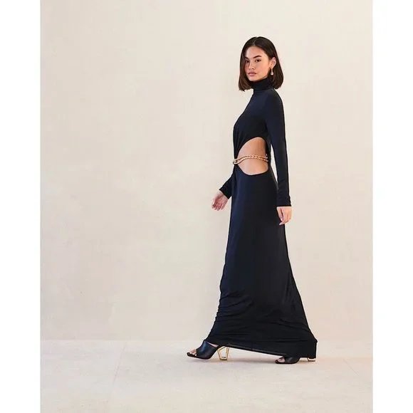 NEW Cult Gaia Genevieve Gown Cutout Long Sleeve Maxi Dress Black Gold XS - Picture 3 of 13